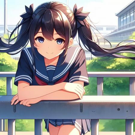 solo,  1girl,  14yo,  (((resting arms on school railings))),  ((leaning on school railings)),  outdoor corridor,  second floor,  twintail,  school uniform,  wind,  smile,  taiwan,<lora:EMS-213001-EMS:1.000000>