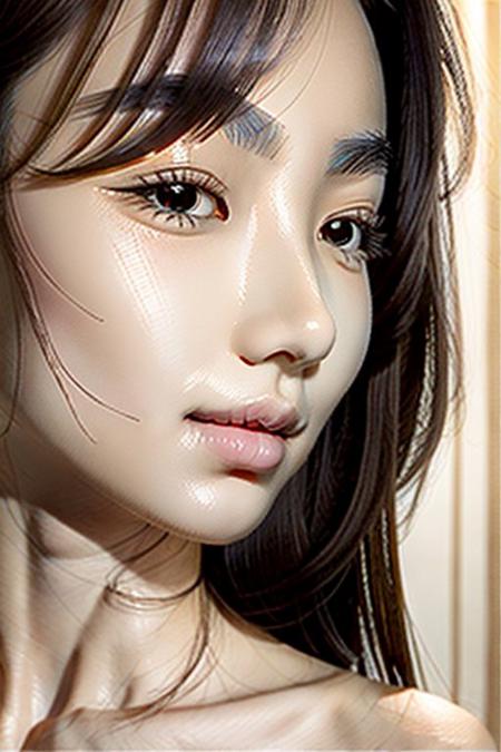 Chinese woman, Bed, Shy, Nsfw, Backlight, masterpiece,bestquality,highlydetailed,ultra-detailed, realistic, photorealistic, solo, realistic,  small mouth, double eyelids, smile lines, Straight hair, dedicated nipple fair skin, Point of view light brown hair, symmetrical eyes, small eyes, detailed eyes, detailed iris, long eyelashes