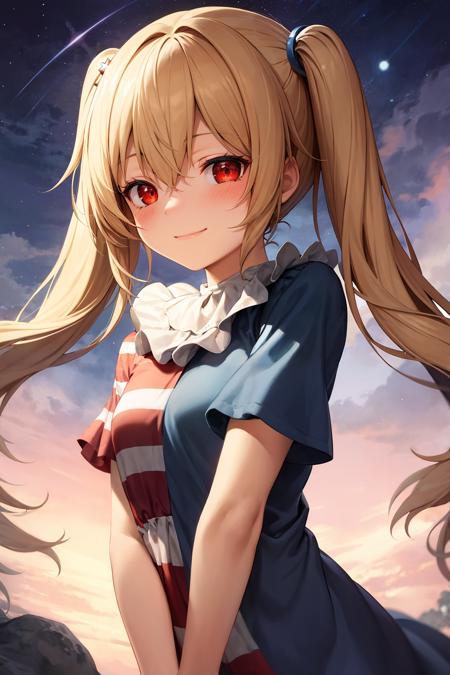 clownpiece 1girl,jester cap,long hair,blonde hair, red eyes,neck ruff,  striped dress,star (symbol),star print, polka dot,short sleeves,  pantyhose, american flag dress,short dress,  fairy wings