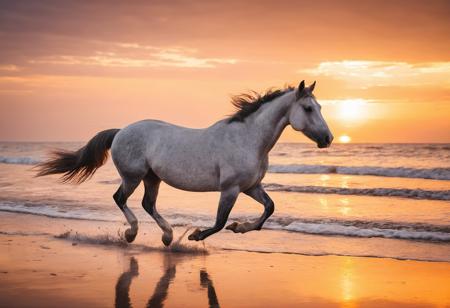 a gray horse running on the beach during sunset, dramatic scene, photography best quality, wide-angle shot,  cinematic lighting, <lora:add-detail-xl:1>