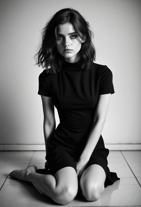 masterpiece, best_quality, highres, ultra_detailed, sharp focus, detailed_eyes, cinematic lighting, , impressionism  , depth of field, (simple background), (dramatic lighting),,((( black and white portrait))), woman, sitting on the floor.  tight-fitting black dress, high neckline, short sleeves. Her hair is styled in loose waves and falls over her shoulders. sad. . The overall mood of the portrait is somber and contemplative. stunning eyes, legs spread, knees up, ankles crossed,