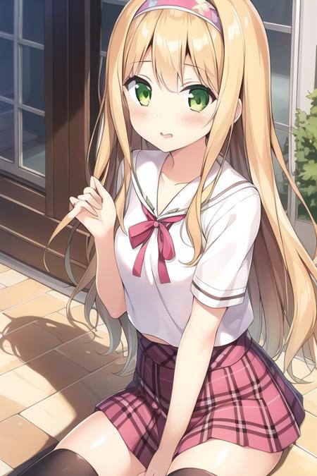 best quality ,masterpiece, 1girl,azuki azusa,blonde hair,long hair,green eyes,hairband,school uniform,white shirt,pink plaid skirt,black thighhighs,<lora:henneko:0.5>