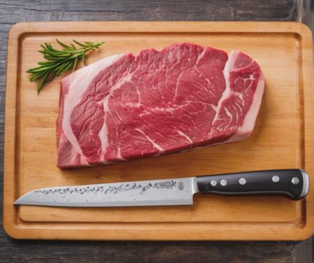 Food Photography, Professional Photography, raw steak, on a cutting board, Very Detailed, santoku knife sitting on the table, meat is pinkish in color,