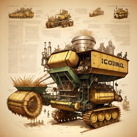 <lora:SteampunkSchematicsv2-000009:1> SteampunkSchematics complicated  combine harvester