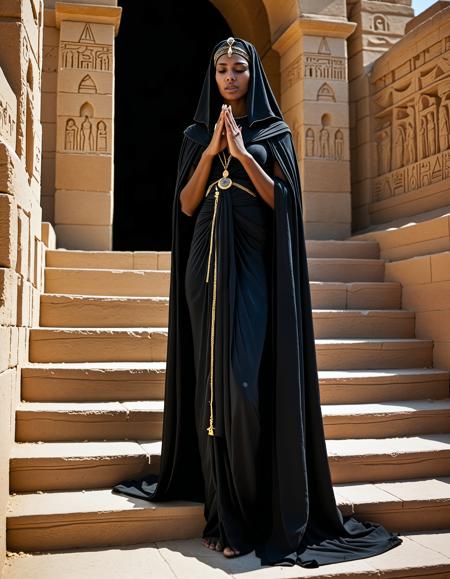 analogue photo of dark skin beautiful Egyptian woman, A mourning priestess cloaked in black linen at the steps of a tomb, holding sacred oils and chanting beneath carved sphinxes., wlae86, <lora:sdxl_Egyptian_WalkLikeOne:1.0> clear focus, high resolution image,  ,Ancient, egypt, mystical and epic feel,,high quality, film grain, Fujifilm XT3, 8k uhd, dslr, film grain, kodak tri-x 400 film, grain photo DOF, faint lighting, dynamic angle, cinematic, Depth of field, bokeh, best quality, cinematic, light particles, highly_detailed, very_aesthetic, golden hour, beautiful_and_aesthetic ,Sexy pose, erotic pose, exhibitionism,