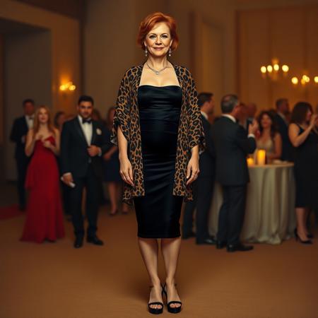 full body shot masterpiece portrait of a woman::1.4, Norman Rockwell style::1.2, realistic impressionist art::1.1,
(physical description: mature woman,red hair, light skin, confident posture, chubby build:1.1)
(facial features, expression: elegant, poised, subtle smile:1.0)
(clothing details: black strapless dress paired with a leopard print kimono-style jacket, black platform sandals:1.0)
(accessories: minimal or no jewelry, natural makeup for an evening gala look:0.9)
(background setting: evening gala event at, subtle crowd and venue details:0.9)
(lighting style: warm, soft evening event lighting, highlights on dress textures and jacket pattern:0.8)
(composition and camera framing: three-quarter length portrait, subject centered, slight angle to highlight outfit:1.0)
(emotional tone or theme: stylish, refined, celebratory mood:0.9)
(technical execution: oil painting texture, rich detail on fabric patterns and folds, balanced warm contrast:0.8)