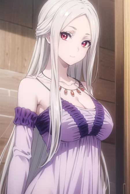 leonora nakiri, long hair, (red eyes:1.2), white hair, pale skin, (forehead:1.2), dress, cleavage, bare shoulders, jewelry, necklace, purple dress,