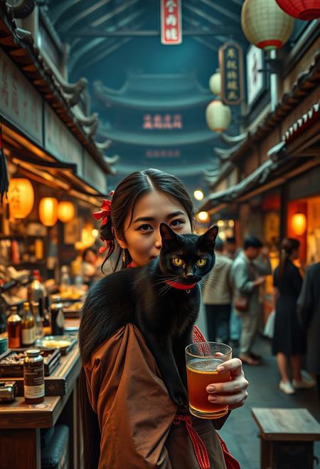Setting is a tang dynasty street market at night, the market is comprised of street vendors selling robot parts, food, weapons, and robot pets. People wearing tang dynasty clothing are walking through the street market shopping and eating, A sleek black cat with red collar sits on a cluttered wooden counter, Behind the counter is a bar selling alcoholic beverages, (((a beautiful woman, 24 years old is standing in the foreground, the woman  facing the viewer with a cup of alcohol beverage in her hand. Her eyes are beautiful and focused on the viewer, she has an expression of interested curiosity))), the sleek black cat with red collar is sitting on the counter and watching the people walking by in the busy street market, the woman is dressed in yang dynasty style clothing combining a sexy and Chinese classic Tang aesthetic. The woman's hair is elegantly tied up with a ribbon. Artistic cyberpunk, dynamic perspective, (((overall architectural aesthetic is Ancient Tang Dynasty Chang-An China))).  Epic image that elicits a feeling of wonder and awe, part of the interior is visible,