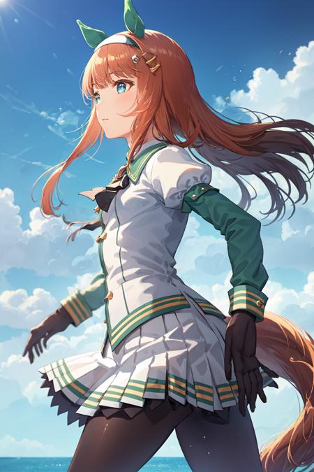 masterpiece,realistic, <lora:silence suzuka:0.8>,1girl,silence suzuka (umamusume),silence suzuka(Racing),horse girl,horse ears,horse tail,orange hair,green eyes,long hair,ear covers,hairband,black gloves,black bowtie,layered sleeves,purple pantyhose,asymmetrical footwear,solo,on grass, outdoors,running,speed lines, from side, serious, racing, angel wings,