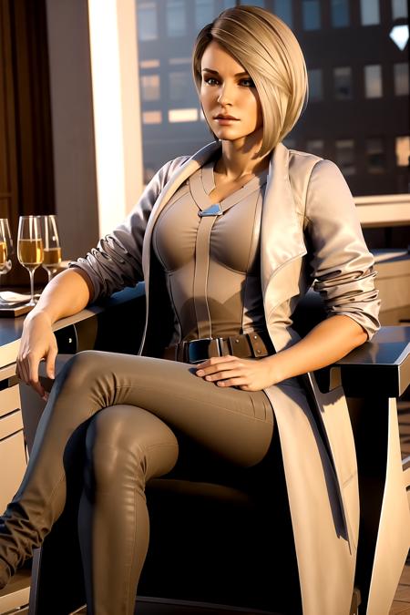 solo, 1girl, short hair, realisitc, photorealistic, belt , sleeves rolled up, jewelry, brown hair, blonde hair, brown eyes, coat, white dress <lora:silversadle-09:0.7>,  sitting, (( crossed legs )), living room, chair, windows , facing viewer, pants,