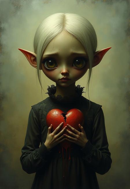 0n1r1c, A stylized caricature of a dark female figure with a hollow chest with an empty hole in the middle. Her hair is light, almost white. She holds a bleeding, dark red and torn, broken  heart in both hands in front of her chest. The figure has exaggerated, elongated features, large sorrowful eyes, and a melancholic yet endearing expression. The atmosphere is eerie but sweet, with a soft glow highlighting the creature’s delicate sadness. 
Intricate gothic details adorn her body, with torn lace and silver glowing cracks along her form. The figure appears to be wearing a loose garment, suggested by darkcoal shapes around the shoulders that blend with the background, although there is no discernible detail of the clothing. 
The background is misty and dimly lit, evoking a dreamlike, almost whimsical gothic fairytale aesthetic.  The painting features muted color palette and a dezent monochromatic scheme, primarily with shades of black, white, and silver.

