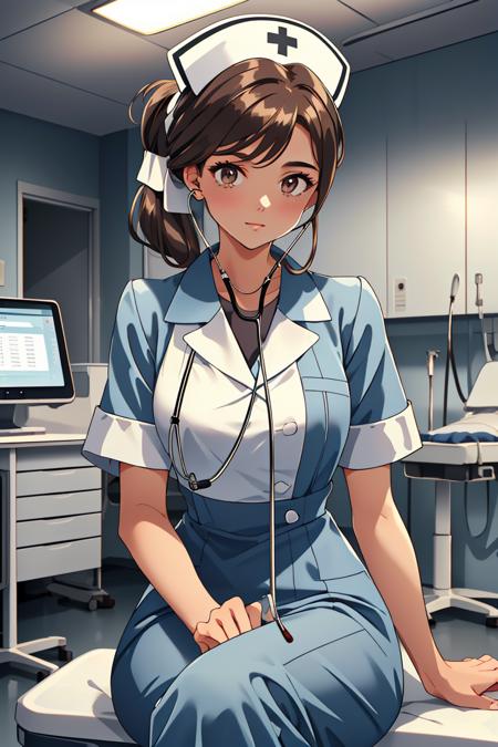 nurse_listensteth, 1girl, solo, nurse, stethoscope, nurse cap, sitting