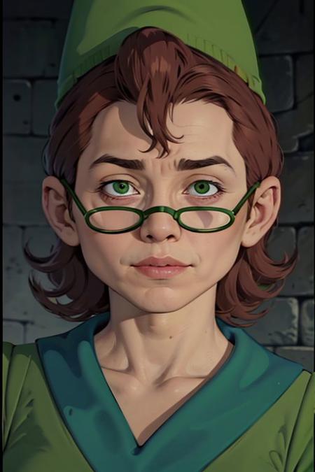 presto <lora:presto_dnd_V1:1>, green hat, cone hat, green robe, dark green chemise, round glasses, close-up, stone wall, looking at viewer, upper body, absurdres