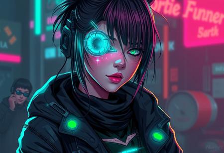 Digital art illustration of a cyberpunk hacker girl with neon glowing body spots and bionic eye, wearing torn clothes and technological gadgets. Introduce neon, dark, worn elements in the aesthetic, nice detail, high quality.