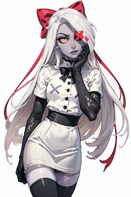 (vaggie) (hotel outfit, red shirt, black skirt, stockings, gloves, bow) (white dress, striped stockings, hair bow) (grey/gray skin, white hair, pink sclera, yellow pupils, long hair)