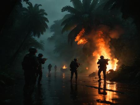masterpiece,best quality,realistic,extreme detail description,Vietnam Tropical Rainforest,Darkness,Heavy Rain,((the muzzle flash flickers)),((a group of people)),((Aliens)),((War)),Fire the gun,<lora:zavy-cntrst-sdxl:1.5>,<lora:SDS_Contrast tool_XL:1.2>,<lora:detailed_notrigger:1>,