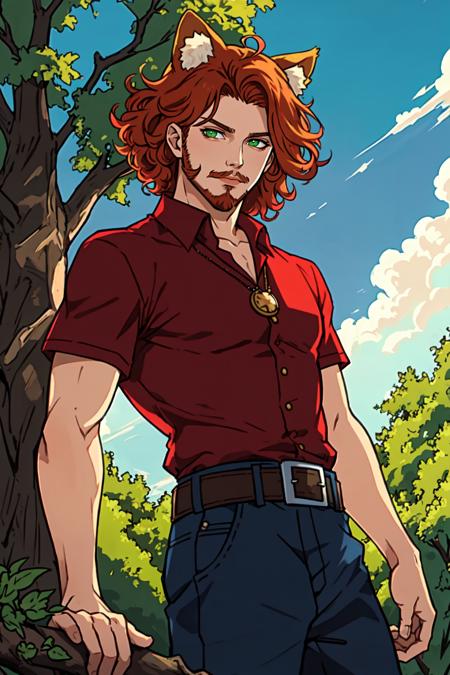 solo, looking at viewer, strawberry blonde hair, red hair, fluffy hair, curly hair, shirt, 1boy, animal ears, green eyes, male focus, outdoors, sky, day, belt, pants,  tree, facial hair, germanic heritage, hispanic,