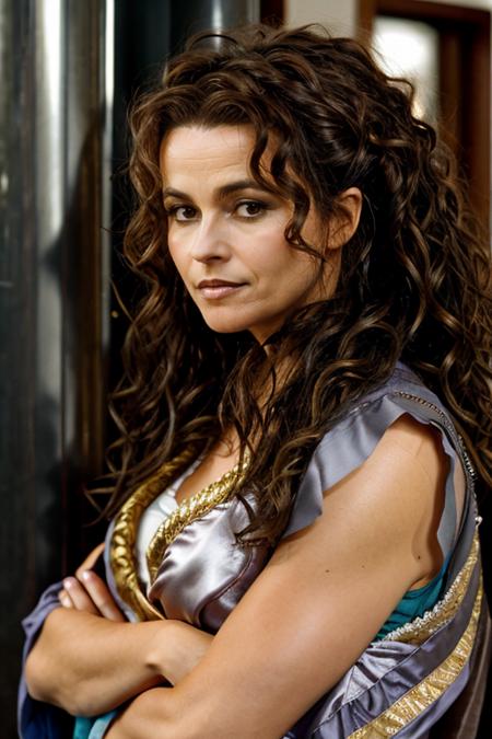 <lora:Helena_Bonham_Carter:1> 1woman, solo, mature hb1873c, , brown_hair, wavy hair, messy hair, greek costume ,  gym , dusk