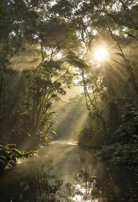majestic untouched rainforest, golden sunlight piercing through dense canopy, wildlife thriving, river reflections, ultra-realistic, cinematic.fog