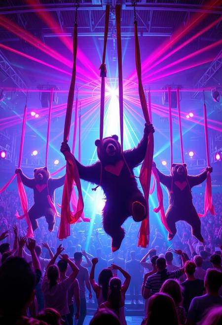 A group of anthro grizzly bear dancers performing with aerial silks in a large stadium during a rave party with a laser light show. A partying crowd can be seen below., cinematic, dynamic poses, atmospheric, vibrant vaporwave lighting