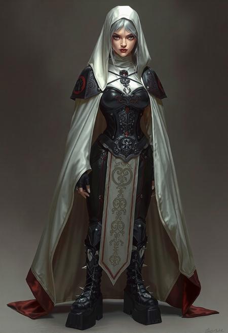 🔥 CORE CONCEPT
A Battle Sister reimagined through your lens:
Nun rubberized robes, but still unmistakably part of the Adepta Sororitas, no armor.
Mix of Warhammer 40K iconography and latex-goth couture full dominatrix territory, catsuit.
More ceremonial, mystic-warrior, inquisitorial vibe.
🎨 VISUAL ELEMENTS
💇‍♀️ Hair & Face
Platinum white hair, shoulder-length, slightly tousled or sharply cut?
Strong cheekbones, high-intensity eyes—possibly glowing faint crimson?
Expression: twisted smirk?
🧥 Outfit Style
Rubberized ecclesiastical robes—long, flowing, with form-fitting panels.
Inquisitorial rubberized intricate corset with black-red latex detailing, scrollwork, purity seals embossed in the material.
👢 Boots
Heeled armored latex platform boots, with silver-laced piping, spikes