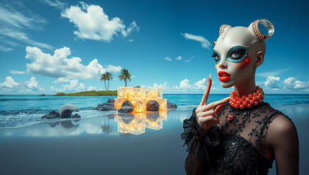 enchanted tropical island beach with glowing shells, underneath the blue skys, a cluster of shimmering cubes creates tranquility while reflecting waves sparkle on the beach, like an enigmatic art installation by a surrealist artist in present-day future,. Full body shot from high angle, realistic photo, breathtakingly beautiful female alien top model wearing futuristic high fashion clothes, Finger Bite, Playfully biting a finger, suggesting a mischievous and flirtatious demeanor, rick owens, demobaza, in a blend grey background