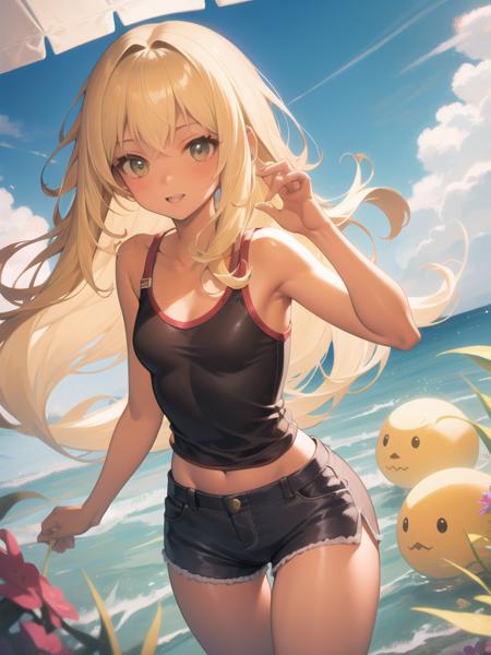 [best quality high quality](solo)<lora:wheatskin0.2:1>skinny cute girl small breasts short shorts tanktop blonde alley sunny summer sky lively