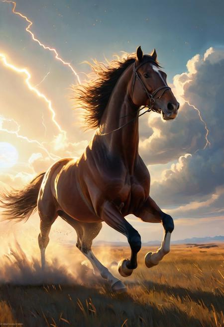 Realistic painting of a large horse galloping powerfully across a vast steppe, with dynamic ray tracing capturing the sunlight filtering through an expansive sky, by artists inspired by the detail and lifelikeness of George Stubbs and the dynamic compositions of Frederic Remington, cinematic composition, trending on ArtStation
BadDream, anzhcdreamwave, aesthetic, glowneon, glowing, sparks, lightning