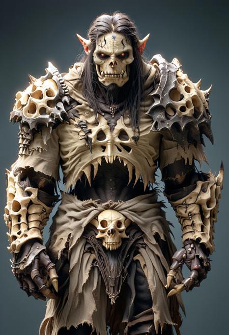 hyper-realistic, frontal view, HDR, detailed, dark fantasy style, The monster ORCSkeleton fullbody , beige-colored bonish skin, inticate detailes, simple gray background
