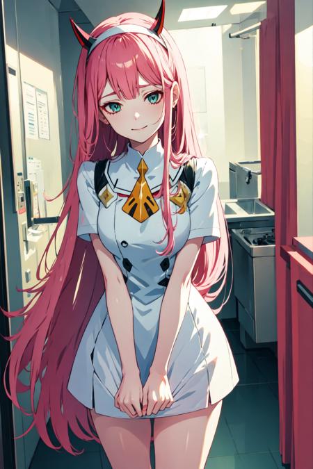 zerotwo, 1girl, solo, blush, rose blush, indoor, long hair, looking at viewer, smile, closed mouth, medium breasts, very long hair, green eyes, pink hair, hairband, horns, shiny, shiny hair, aqua eyes, straight hair, :p, white hairband, double-breasted, honey, masterpiece, realistic, anime, <lora:zerotwo:1>,  <lora:skirt_tug_v0.1:1.0>
 clothes tug, nurse, <lora:infirmary_v0.1:1> infirmary,best quality, highly detailed