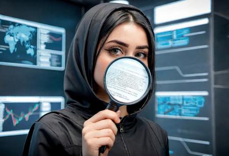 full body,20yo arabic girl looking at the screen, view from behind, badgirl, pale skin,(mysterious confident glance:1.3), freckles,(glasses:1.3),cinematic photo,85mm medium format photo,beautiful,hyperrealism,hyperdetailed,short dark black hair, 
 a photorealistic image,  digital detective, a piece of malicious code on a screen, , malwares, cyberpunk, hacker, black camo,( face mask:1.2),( virus in air:0.9), biohazard, biopunkai, working on a tablet or computer, neon lights in room, futurism,( squinted eyes:1.3), airborne particles, black uniform, smart diagrams, world map, top secret,( parasites:0.8),( holding in a one hand a magnifier in an ultra-modern futuristic style:1.4),( magnifying magnifying glass:1.2), future science, spaceship, tactical wear, gloved fingers