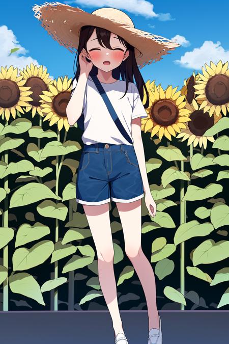 masterpiece,1girl,solo,outdoors,hat,long hair,shirt,closed eyes,white shirt,shorts,railing,brown hair,straw hat,sunflower,horizon,cloud,flower,short sleeves,standing,arm up,sun hat,shoes,blush,facing viewer,blue sky,day,short shorts,full body,open mouth,hand on headwear,