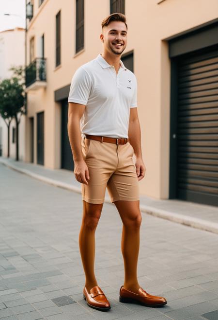 <lora:RealPantyhose_XL:1>, masterpiece, full body male portrait, shorts, ((tan color:2) RealPantyhose:1), loafer, (urban street), (high detailed skin:1.2), 8k uhd, dslr, soft lighting, high quality, film grain, Fujifilm XT3