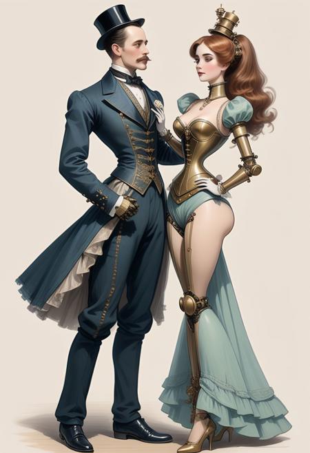 Full standing view, An Edwardian gentleman dancing with his new beautiful (beautifully dressed:1.9) female brass (clockwork Edwardian corseted sexbot wearing a Victorian evening dress:1.5), line drawing in the style of Charles Dana Gibson