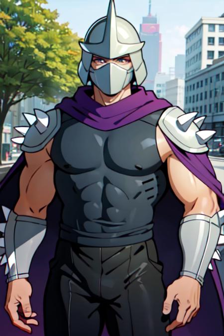 masterpiece, best quality, male, outdoor,
 <lora:shredderV1:0.7>, shredder, purple_cloak, spike_armor, helmet, grey tank_top,