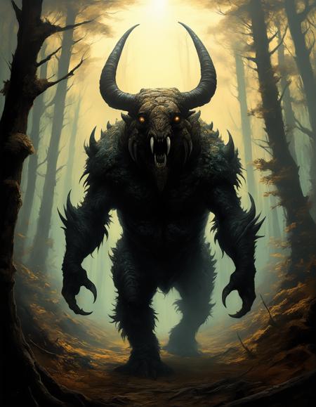 strange animal creature ,dark_fantasy, horror  , ,(Oil painting) (by Jean-François Millet), (by Gustave Courbet), (by Jules Breton), <lora:add-detail-xl:3>, famous artwork (by phil foglio:1.1), detailed expressive eyes, fantasy style, venturing into the heart of the dense forest planet grobshnuggler , the galactic explorer might encounter a majestic yet enigmatic shiny butterbelly. its (iridescent scales:1.4) make it stand out in its environment, while the enormous horns on its back pulse brightly with diggerbranded energy warning would-be predators of its dangerous poison