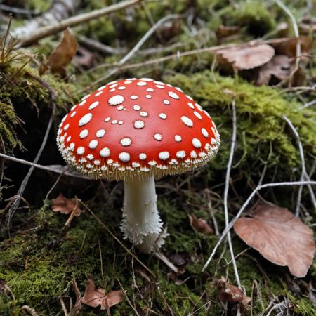 Close-up of Fly Agaric Mushroom with Ghost Fungus inclusion <lora:MyShroom:0.4>