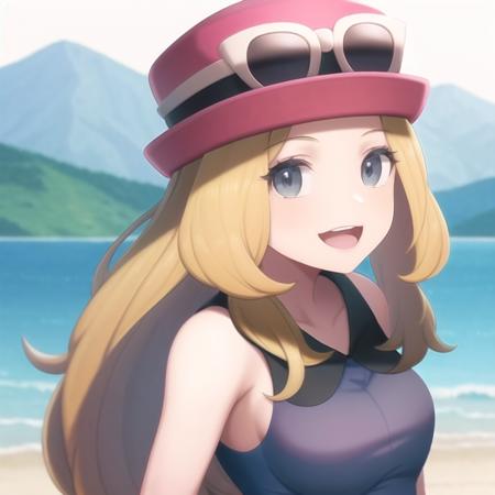 <lora:character_pokemon_serena_v2:0.7> lake, sunny, 1girl, character_pokemon_serena, solo, portrait, from side, looking at viewer, grey eyes, smile, arms at sides, open mouth, hat, eyewear on headwear, sleeveless shirt