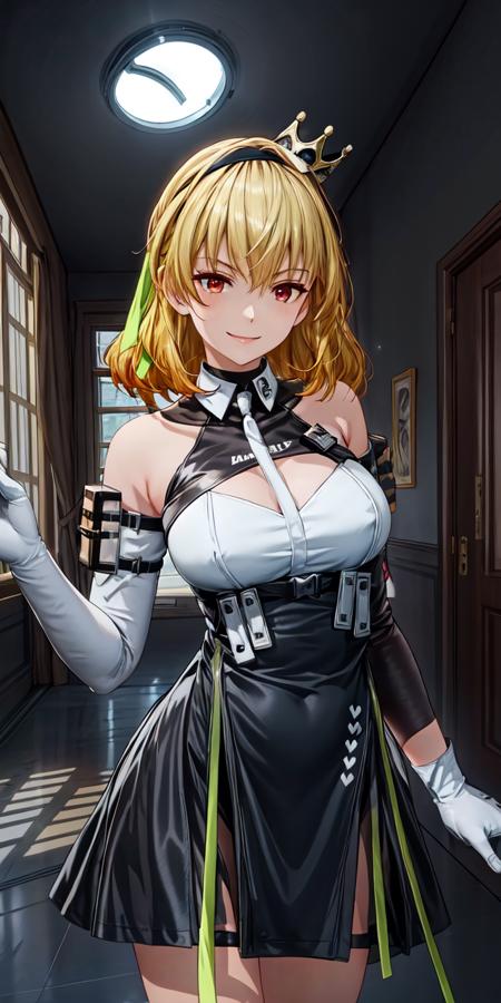 fenniS1CB, 1girl, blonde hair, medium hair, (ponytail:0.9), red eyes, dress, green ribbon, mini crown, bare shoulders,hairband,white gloves,detailed face,