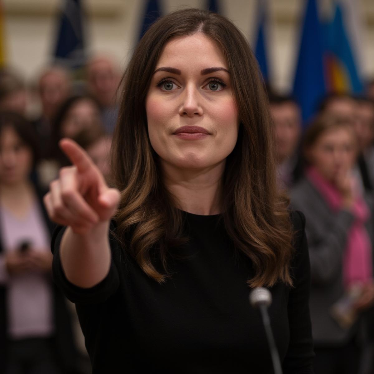 A cowboy shot portrait of Sanna Marin at a press conference. She is wearing a black dress and pointing vigourously with her hand as she addresses a crowd