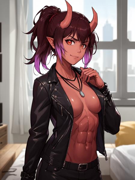 (Masterpiece, best quality), (highres, ultra-detailed), (absurdres, perfect anatomy), inside, apartment, 1girl, solo, asuraEro, upper body, colored skin, (red skin), slit pupils, gradient hair, ponytail, dark hair, <lora:AsuraEro_V1-Manityro:0.8>, closed mouth, smirk, necklace, black leather jacket, open jacket, no bra, topless, standing, looking at viewer, medium breasts, toned, muscular, abs, navel