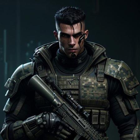 cyberpunk film, raw photo of man, 3/4, soldier, armor, Camouflage, tough guy, chiselled jaw, gigachad, plasma riffle, deep night, dark room, hight quaility, detailed skin,African American, Dark Skin, clear face, detailed hair, Black hair, military hair cut, cinema shot, hdr, sharp focus