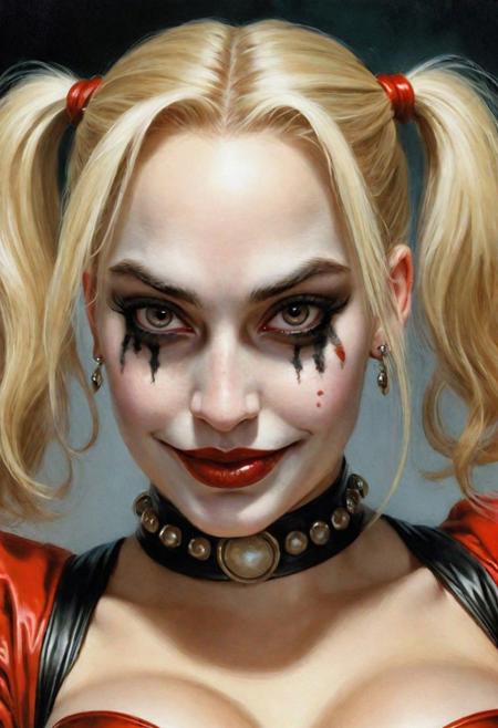 closeup of voluptuous Harley Quinn, deep cleavage, by Boris Vallejo, by Luis Royo, Romanticism oil painting, bold brushstrokes, elaborate, intricate details, masterpiece