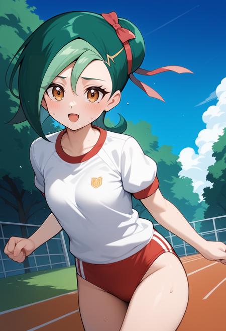 aakotori, short hair, multicolored hair, green hair, single hair bun, hair ribbon, brown eyes, small breasts, bare shoulders, sleeveless shirt, multicolored shirt, blue shirt, pink skirt