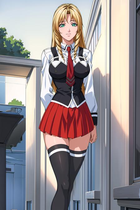 Standing, at school, blue sky,Trees,building,
White_shirt,long sleeves,(Red_pleated_skirt), uniform,Black thighhighs,long sleeves,(belt:1.2),Red Tie,(Black_vest:1.3),
<lora:Rika_Shiraki_Bible_Black-KK77-V1:0.7>,
blonde hair,very long hair,Bangs,green eyes,Forehead,drill hair,
<lora:Oda_Non_Style-KK77-V2:0.3>,<lora:more_details:0.1>,
1 girl, 20yo,Young female,Beautiful Finger,Beautiful long legs,Beautiful body,Beautiful Nose,Beautiful character design, perfect eyes, perfect face,expressive eyes,perfect balance,
looking at viewer,(Focus on her face),closed mouth, (innocent_big_eyes:1.0),(Light_Smile:0.3),
official art,extremely detailed CG unity 8k wallpaper, perfect lighting,Colorful, Bright_Front_face_Lighting,White skin,
(masterpiece:1.0),(best_quality:1.0), ultra high res,4K,ultra-detailed,
photography, 8K, HDR, highres, absurdres:1.2, Kodak portra 400, film grain, blurry background, bokeh:1.2, lens flare, (vibrant_color:1.2),professional photograph,
(Beautiful,large_Breasts:1.4), (beautiful_face:1.5),(narrow_waist),