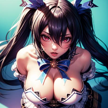 8k, 4k, intricate details, cinematic lighting, stunning environment, ornate, (realistic:1.2), detailed face, detailed eyes, detailed shadows, 1girl, animal ears, bare shoulders, black hair, black thighhighs, blue background, bow, cameltoe, cleavage, detached sleeves, dress, from above, hair between eyes, hair ribbon, large breasts, long hair, looking at viewer, noire /neptune series/, open mouth, red eyes, ribbon, skindentation, solo, thighhighs, twintails,  <lora:1_ADD_Detail:1>,  <lora:CHA_Noire:0.7>