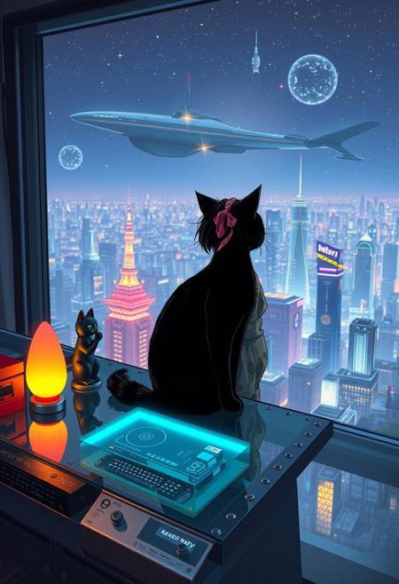 Jiji, the cat from Kiki's Delivery Service sits on a cluttered metal riveted desk with transparent top and rgb led computer components visible inside, On the desk are a maneki neko statue and a lava lamp, Jiji the Black Cat is looking out of a seamless and futuristic floor to ceiling window that looks out at a very high view from an apartment on the 400th floor of a futuristic Tokyo skyscraper, the year is 2250, The city has thousands of enormous wide and tall futuristic skyscrapers and space ships covered with lights in the sky, (((Kiki from Kiki's Delivery Service, 24 years old, is standing behind the desk looking out at the enormous city at night next to Jiji, filled with buildings of many shapes and sizes, some over a mile tall))), Kiki is dressed in an ornate Japanese style bath robe. An enormous deco starship with futuristic lighting and design is visible high above the city, and a space station is visible in the background among the stars, The woman's hair is messy from just waking up and tied up with a ribbon. Artistic cyberpunk, dynamic perspective, The focus is on Jiji and Kiki standing together looking out the window at the view together, (((overall architectural aesthetic is Art Deco Cyberpunk))).  Mt Fuji can be seen in the far distance,
