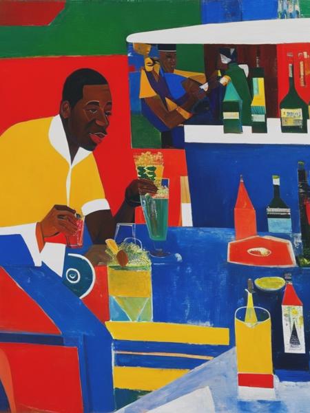 <lyco:RomareBearden:1.0> Romare Bearden painting drinks at a bar