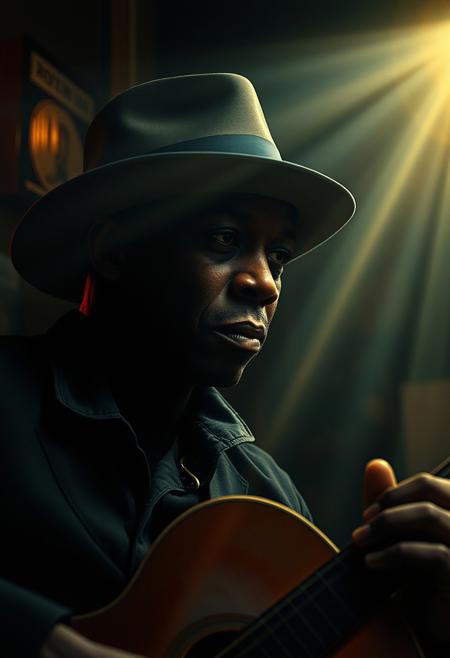 A volumetric lighting illustration of Robert Johnson in a gritty Alabama bar, blue note setting.  The noir fantasy features a charismatic lone lady, a sad ending, and deconstructed portraits with layered textures and a muted color palette. Visible light beams pierce dust or fog.