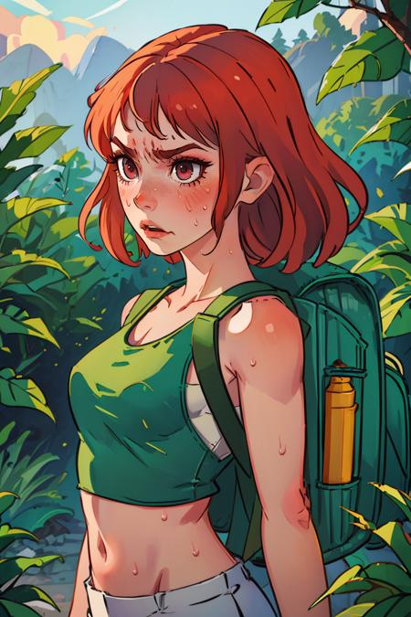 (best quality, masterpiece1.2), (detailed eye:1.2), intricate detail, depth of field, 1girl, jungle, crop top, angry, sweat, red hair, exploration, embarrassed,  backpack,